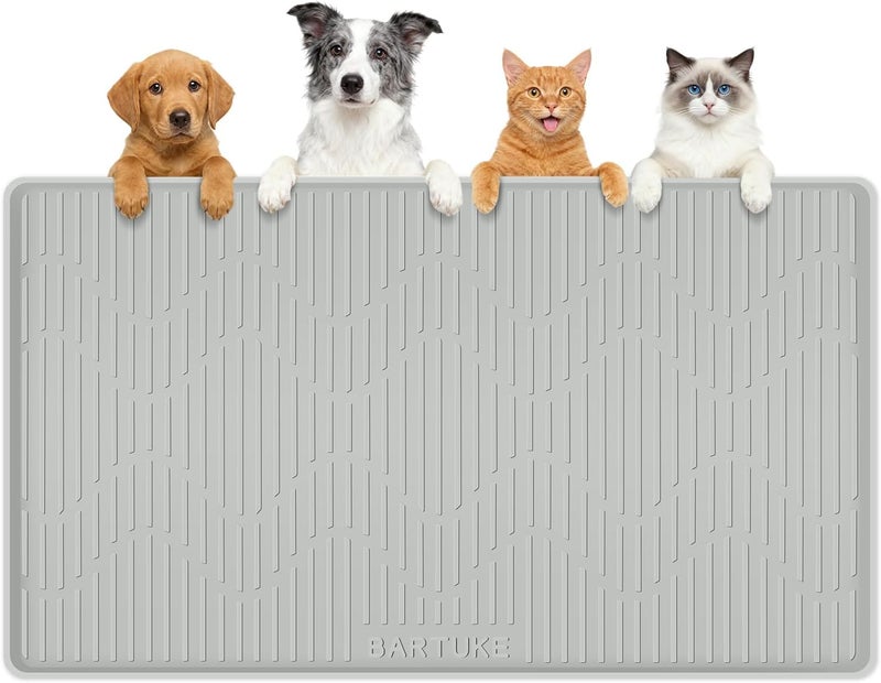 Bartuke Silicone Cat & Dog Food Mat, 36" x 24" Large Pet Feeding Mat for Cats and Dogs Bowl, Pet Placemat for Food and Water with Raised Edge, Waterproof, Leakproof (Grey) - Image 1